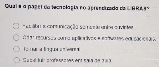 Qual é o papel da tecnologia no aprendizado da LIBRAS?
Facilitar a comunicação somente entre ouvintes.
Criar recursos como aplicativos e softwares educacionais.
Tornar a língua universal.
Substituir professores em sala de aula.