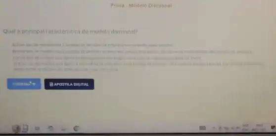 Qual a principal caracteristica do modelo divisional?
A) Esse tipo de modelo visa a tomada de decisdes da empress em conjunto pelas divisdes
B) Esse tipo de modelo visa a tomada de decisibles da empress apenas pelo gestor, nào havendo envolvimento das divisdes di empress
OEsse tipo de modelo esta ligado ao planejamento estrategico onde vocése organiza com base no 5W2H
Diesse tipo de modelo esta ligado a autonomia de cada setor para tomada de decisdo. cada setor da empresa toma a sua decislo subdividida.
dessa forma as divisdes slo tomadas com mais autonomia