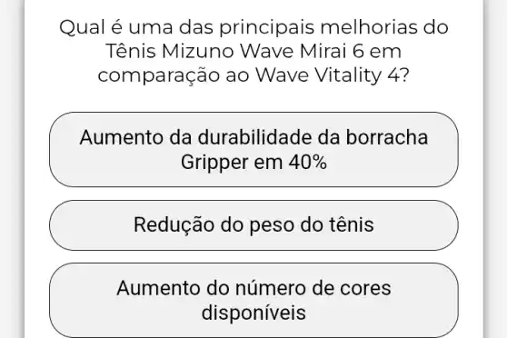 Qual é uma das principais melhorias do
Tênis Mizuno Wave Mirai 6 , em
comparação ao Wave Vitality 4?
Aumento da durabilidade da borracha
Gripper em 40% 
Redução do peso do tênis
Aumento do número de cores
disponíveis