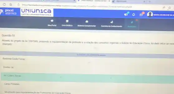 Questio 01
Araves do projeto de le: 3001986, propondo a regulamentacilo da profssab e a criaplo dos consehos te?
chamado	regionais e federal de Educaplao Fisica, fridado inico ao mou
Peforma Couto Fernz
Dretas Ji
Caras Prtadas
Movimento pela regulamentaclo do Profissional de Educacio Fisca