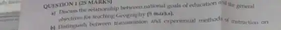 QUESTION 1 (25 MARKS)
a) Discuss the relationship between national goals of education and the general
objectives for teaching Geography (5 marks).
b) Distinguish between transmission and experiential methods of instruction on