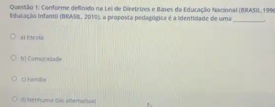 Questão 1: Conforme definido na Lei de Diretrizes e Bases da Educação Nacional (BRASIL,199
Educação Infantil (BRASIL, 2010)a proposta pedagógica é a identidade de uma __
a) Escola
b) Comunidade
D c) Familia
d) Nenhuma das alternativas