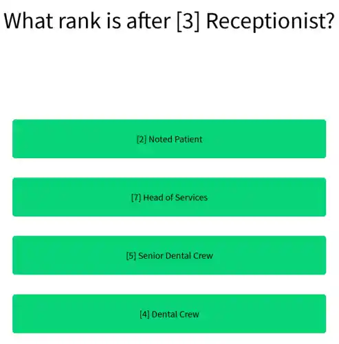 What rank is after [3]Receptionist?
[2] Noted Patient
[7] Head of Services
[5] Senior Dental Crew
[4] Dental Crew