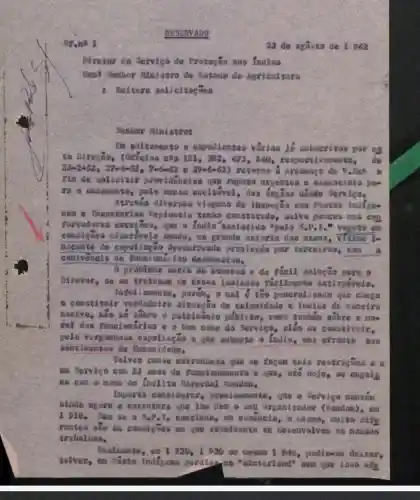 RESERVADO
08.n8 1
Diretor do Sorvico de Proteção 805 Indios
Exm? Sentior Mnistro de Estado do Agricultura
1. Reitera solicitas Ges
Senhor Ministros
In aditamento a expedientes vários Jế subscricos por es
ta Direcão,(Offelos nas 151,, 352, 472, 540,, respectiv de
23-2-62 27-4-62,7-6-62 e 29-6-62 ) retorno a presence de V.Exe a
fin de solicitor providencins que reputo .urgentes c essencials.pa-
re a andamento, pelo menos aceitivel,Sorvico.
Atraves diverses viagens de inspecão aos Postos Indige-
has e Inspetorias Regionais tenho salvo pouces mas con
fortudoras que o fndio assistido "polo S.P.I." veseto em
condicoes miseraveis sendo,no grandc motoric dos cosos, Vitine To
nocente de espoliação de senfreads prasicada por tercoiros, com a
conivencie de fune londrios desonestos.
problema seria de souenos e de fícil solução pare o
Diretor, se se tretesse de cases isalados flicilnente extirpiveis.
Infoliamente,, porém, 0 mal / tro generalizado que chese
a constituir verdedeira situação de calamidade e incide de mancire
nociva, não số sôbre o patriuônio público, cono tambóm sống a now
rel dos Funciondrios o a bom none do Servico, oldn de constituir.
pela vergonhosa espoliação a que submete o fndio , una afronts aos
Sentimentos de Humanidade.
Talves cause estrainheza que so facon tais restricoes a u
um Servico con 52 anas de funci onamento c que , ate hoje, se engals
hệ con 0 none do inclite Merechal Rondon.
Importa consideron , precisamente, que o Servico santém
ainda,agora a estroturn que the dell a set organizedor (Rondon), em
1910. Nas se o S.P.I. continua , em essencia, o
rentes são so condiçães on que atualmente so desenvolves os nossos
trabalhos.
Realmente, on I 920, 1 930 ou Desao 1 940 , podicese deisar,
telvez, um Pôsto Indfgena pordido no "hinterland"sem gue 1sao off