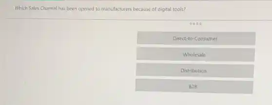 Which Sales Channel has been opened to manufacturers because of digital tools?
0000
Direct-to-Consumer
Wholesale
Distribution
B2B