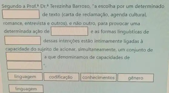 Segundo a Prof.a Dr a Terezinha Barroso, "a escolha por um determinado
square  de texto (carta de reclamação, agenda cultural,
romance, entrevista sta e outros), e não outro, para provocar uma
determinada ação de square  e as formas linguísticas de
square  dessas intenções estão intimamente ligadas à
capacidade do sujeito de acionar simultaneamente, um conjunto de
square  a que denominamos de capacidades de
square 
linguagem
codificação
conhecimentos
gênero
linguagem