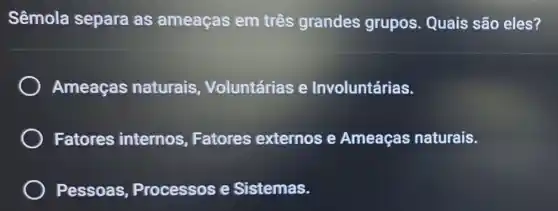 Sêmola separa as ameaças em três grandes grupos Quais são eles?
Ameaças naturais Voluntárias e Involuntárias.
Fatores internos Fatores externos e Ameaças naturais.
Pessoas Processos e Sistemas.