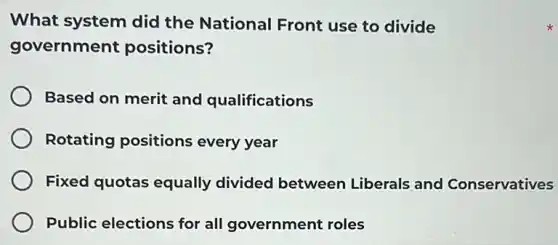 What system did the National Front use to divide
government positions?
Based on merit and qualifications
Rotating positions every year
Fixed quotas equally divided between Liberals and Conservatives
Public elections for all government roles