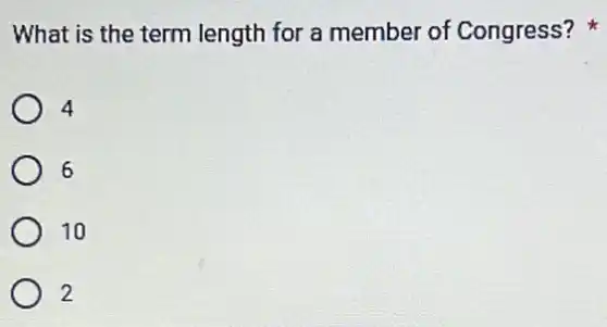 What is the term length for a member of Congress?
4
6
10
2