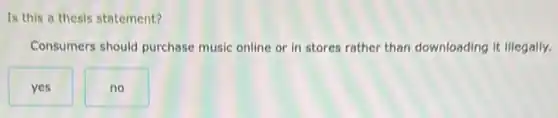 Is this a thesis statement?
Consumers should purchase music online or in stores rather than downloading it illegally.
yes
no