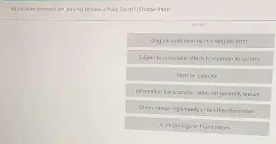 Which three elements are required to have a Trade Secret? (Choose three)
Original work must be in a tangible form
Subject to reasonable efforts to maintain its secrecy
Must be a service
Information has economic value not generally known
Others cannot legitimately obtain the information
A unique logo or brand names