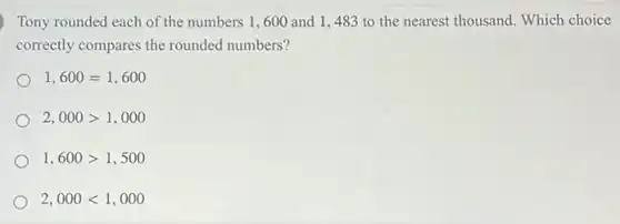 Tony rounded each of the numbers 1,600 and 1,483 to the nearest thousand. Which choice
correctly compares the rounded numbers?
1,600=1,600
2,000gt 1,000
1,600gt 1,500
2,000lt 1,000