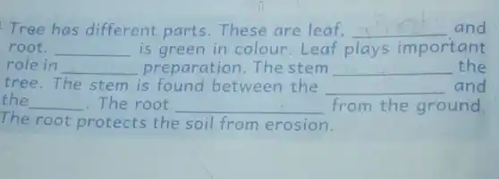 Tree has different parts.These are leaf. __ and
root. __ is green in colour.Leaf plays important
role in __ preparation The stem __ the
tree.The stem is found between the __ and
the __ The root __ from the ground.
The root protects the soil from erosion.