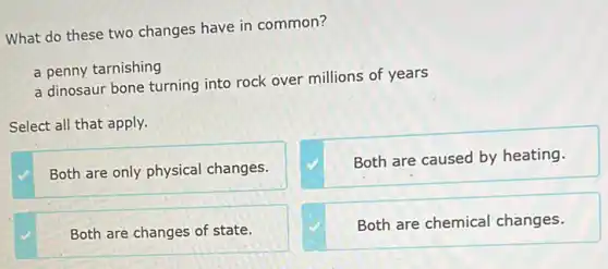 What do these two changes have in common?
a penny tarnishing
a dinosaur bone turning into rock over millions of years
Select all that apply.
Both are only physical changes.
Both are caused by heating.
Both are changes of state.
Both are chemical changes.