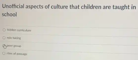 Unofficial aspects of culture that children are taught in
school
hidden curriculum
role taking
(1) peer group
rites of passage