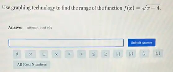 Use graphing technology to find the range of the function f(x)=sqrt (x-4)
Answer Attemptiout of 2