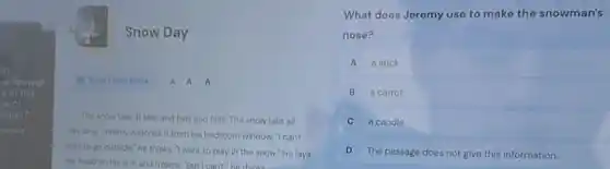 ut firewall
xin the
se
nage?
Snow Day
(1) thiter Focus Mode A A A
The snow falls. It falls and falls and falls. The snow falls all
day long. Jeremy watches it from his bedroom window.'I can't
wait to go outside."he thinks. 7 want to play in the snow."He lays
his head on his arm and frowns. "But I can't be thinks
What does Jeremy use to make the snowman's
nose?
A a stick
B a carrot
C a candle
D The passage does not give this information.