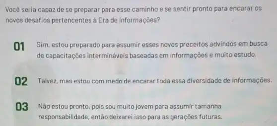 Você seria capaz de se preparar para esse caminho e se sentir pronto para encarar os
novos desafios pertencentes à Era de Informações?
01 Sim, estou preparado para assumir esses novos preceitos advindos em busca
de capacitaçōes intermináveis baseadas em informações e muito estudo.
02 Talvez, mas estou com medo de encarar toda essa diversidade de informações.
03 Não estou pronto, pois sou muito jovem para assumir tamanha
responsabilidade então deixarei isso para as gerações futuras.