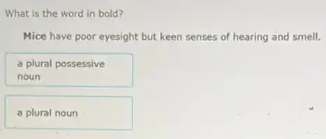 What is the word in bold?
Mice have poor eyesight but keen senses of hearing and smell.
a plural possessive
noun
a plural noun
