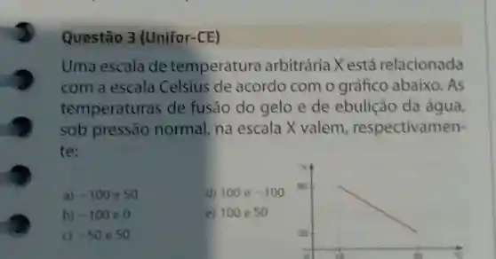 Questão 3 (Unifor-CE) Uma escala de temperatura arbitrária X está relacionada com a escala Celsius de acordo com o gráfico abaixo. As temperaturas de fusão do gelo e de ebulição da água, sob pressāo normal, na escala X valem, respectivamente: a) -100 e 50 d) 100 e-100 b) -100 e 0 e) 100 e 50 c. -50 e 50