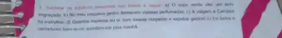 Sublinhe os adjetivos presentes nas frases a seguir: a) O sapo verde deu um pulo engraçado. b) No meu pequeno jardim florescem violetas perfumadas. c) A viagem a Campos foi instrutiva. d) Quantos meninos eu vi, com roupas rasgadas e sapatos gastost e) Os belos e cantadores bem-te-vis acordam-me pela manhâ.