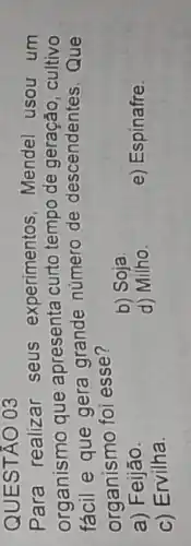 QUESTÃO 03
Para realizar seus experimentos Mendel usou um
organismo que apresenta curto tempo de geração, cultivo
e que gera grande número de descendentes.Que
organismo foi esse?
b) Soja
a) Feijão.
d) Milho.
e) Espinafre
c) Ervilha.