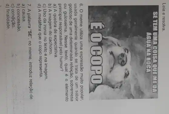 Leia e resolva.
6. O meme utiliza uma expressão muito popular,
usada geralmente quando se trata de um sabor
gostoso de uma determinada refeição sobremesa
ou guloseima. Nesse texto, qual é 0 elemento
principal responsável pelo humor?
a) A quebra de expectativa.
b) A imagem do cachorro.
c) Uso da ironia no texto e na imagem.
d) A metáfora que o copo representa.
7. A palavra "SE ", no meme, introduz relação de
a) causa.
b) concessão.
C)condição.
d) finalidade.