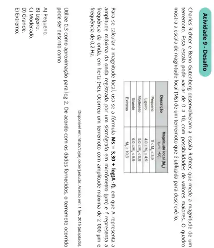 Atividade 9 - Desafio
Charles Richter e Beno Gutenberg desenvolveram a escala Richter, que mede a magnitude de um
terremoto. Essa escala pode variar de 0 a 10, com possibilidades de valores maiores. 0 quadro
mostra a escala de magnitude local (Ms) de um terremoto que é utilizada para descrevé Ho.
Descrição
Magnitude local (M_(s))
(mu mcdot Hz)
Pequeno	0leqslant M_(s)leqslant 3,9
Ligeiro	4,0leqslant M_(s)leqslant 4,9
Moderado	5,0leqslant M_(s)leqslant 5,9
Grande	6,0leqslant M_(s)leqslant 9,9
Extremo	M_(s)geqslant 10,0
Para se calcular a magnitude local, usa-se a fórmula Ms=3,30+log(Acdot f) em que A representa a
amplitude máxima da onda registrada por um sismógrafo em micrômetro (mu m) e f representa a
frequência da onda, em hertz (Hz) , Ocorreu um terremoto com amplitude máxima de 2000mu m e
frequência de 0,2 Hz.
Disponível em:http://cejarj,cecierj,edu.br. Acesso em: 1 fev. 2015 (adaptado).
Utilize 0,3 como aproximação para log2 , De acordo com os dados fornecidos, o terremoto ocorrido
pode ser descrito como
A) Pequeno.
B) Ligeiro.
C) Moderado.
D) Grande.
E) Extremo.