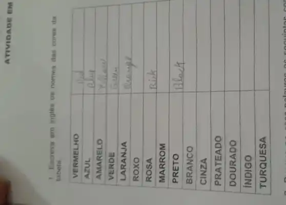 ATIVIDADE EM
1. Escreva em ingles os nomes das cores da
tabela.
VERMELHO	square 
AZUL
square 
AMARELO
square 
VERDE	square 
LARANJA	square 
ROXO	square 
ROSA	square 
MARROM	square 
PRETO	square 
BRANCO	square 
CINZA	square 
PRATEADO	square 
DOURADO	square 
INDIGO	square 
TURQUESA	square 
as coouintes car