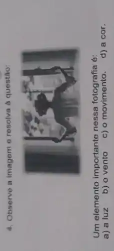 4. Observe a imagem e resolva à questão:
Um elemento importante nessa fotografia é:
a) a luz
b) o vento
c) o movimento.
d) a cor.